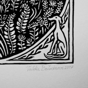 May include: Black and white woodcut print of a dog sitting in a field of stylized plants. The print is signed "Valdis Ba&scaron;kīrovs 2017" in the bottom right corner.