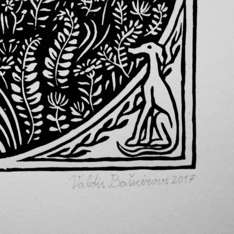 May include: Black and white woodcut print of a dog sitting in a field of stylized plants. The print is signed "Valdis Ba&scaron;kīrovs 2017" in the bottom right corner.