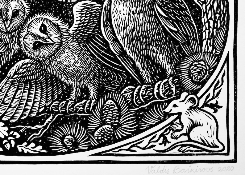 Owl linocut woodcut print. Barn owls family cottage farmhouse Etsy