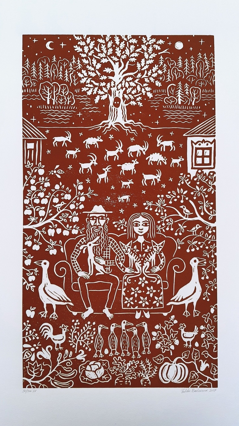 May include: A white linocut print on a red background depicting a couple sitting on a couch with their pets. The scene is set in a rural landscape with trees, animals, and a house in the background. The print is titled "Jubilee Farm" and signed by the artist.