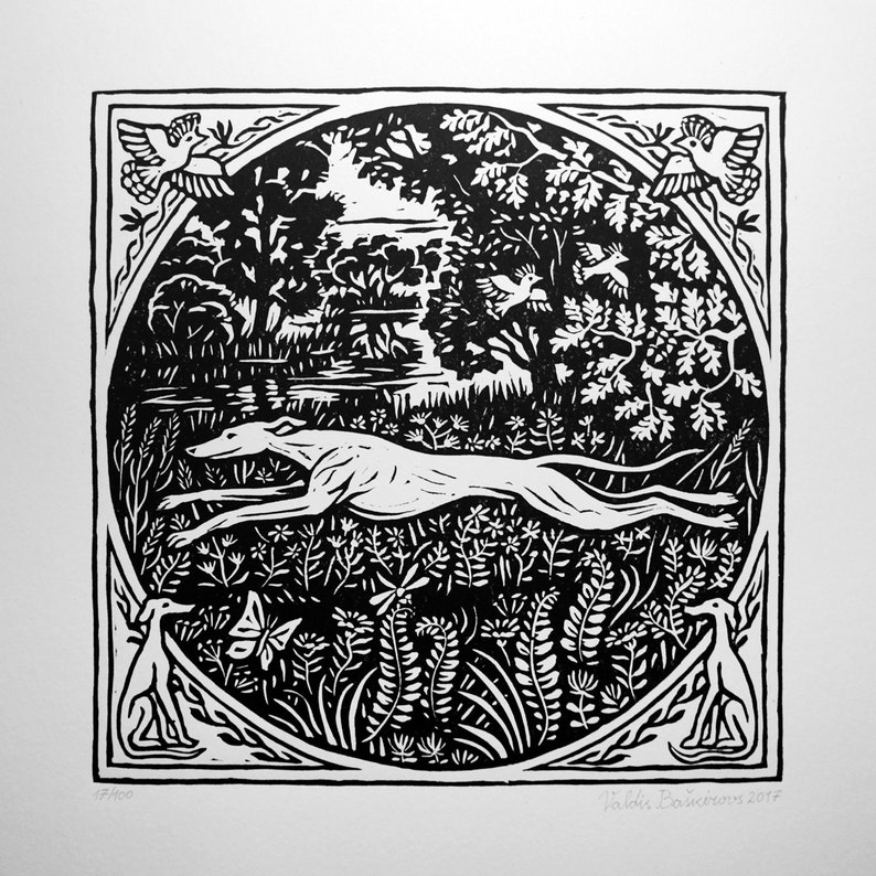 May include: Black and white woodcut print of a dog running through a forest. The dog is in the center of the image, and the forest is in the background. There are birds flying in the air, and the text "Valda Baiceros 2017" is in the bottom right corner.