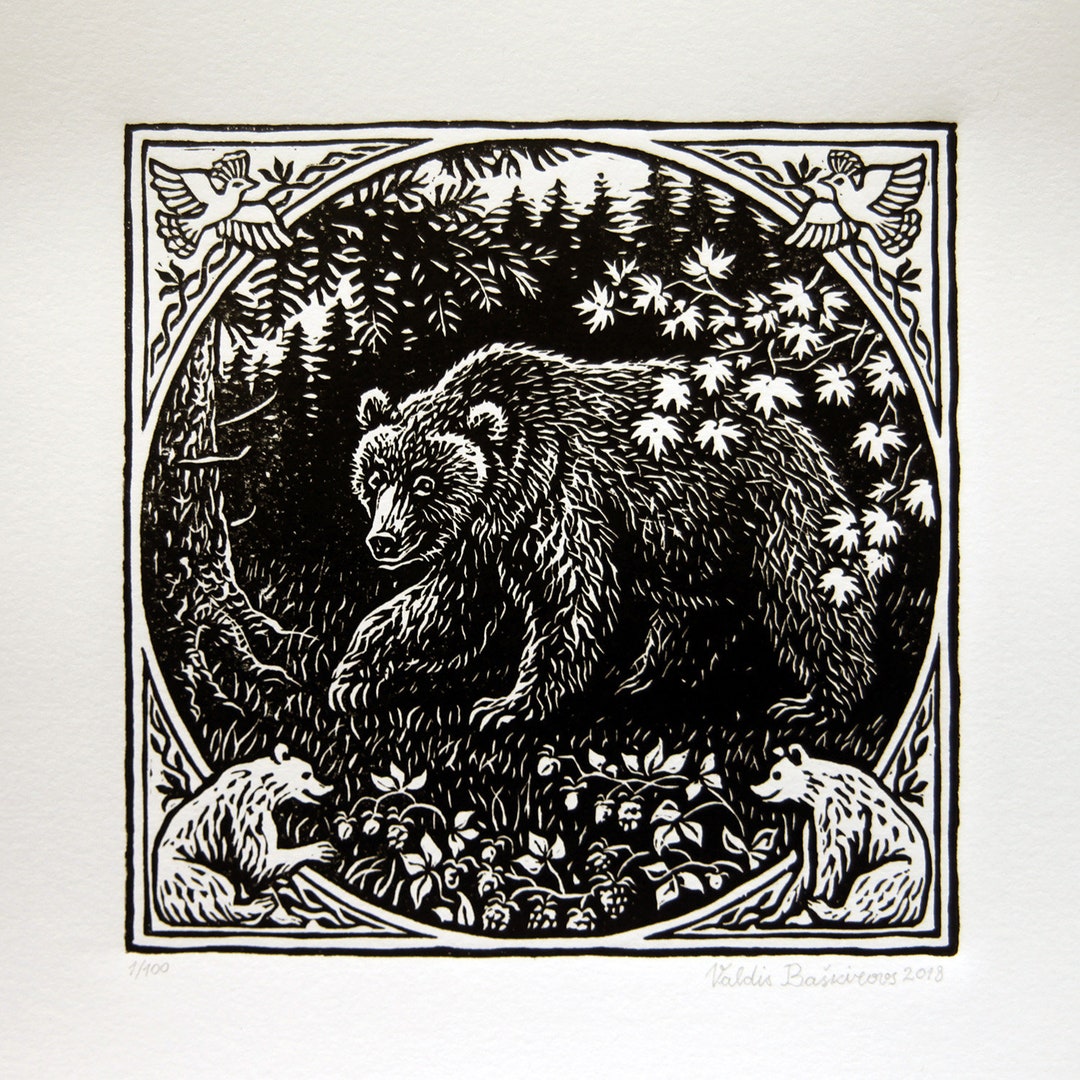 Bear With Book Linoleum Block Print, Unframed, 5 X 7 Inches, Signed,  Archival, Wall Art 