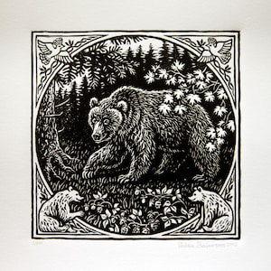 Bear Linocut Print, Linoleum Block Print, Wall Art.