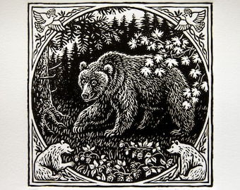 Bear Linocut Print, Linoleum Block Print, Wall Art.