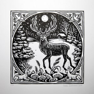 Winter Stag Linocut Print: Limited Edition Deer Art