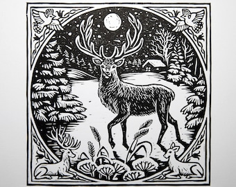 Winter Stag Linocut Print: Limited Edition Deer Art