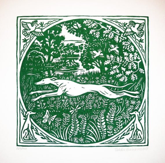 Greyhound, Whippet Linocut Print.