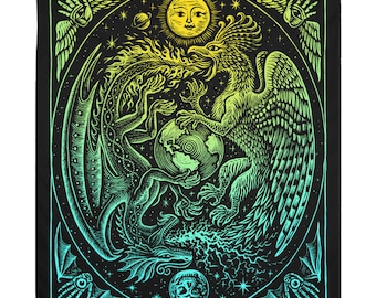 Ouroboros Alchemy Tapestry, Dragon, Phoenix, Occult Celestial Art Tapestry.