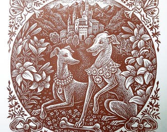Italian Greyhound, Whippet Couple Linocut Print