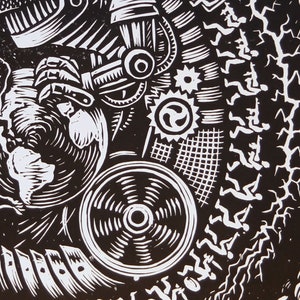 May include: Black and white woodcut print featuring a stylized design of gears, a globe, and a series of running figures. The print has a dark background and a white design.