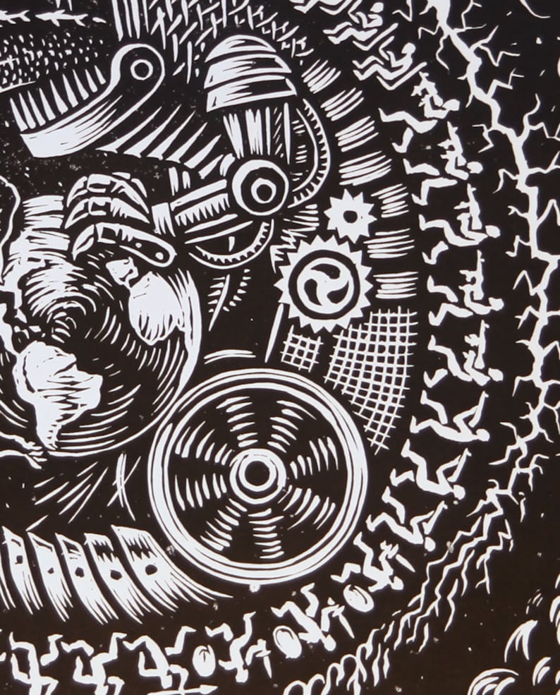 May include: Black and white woodcut print featuring a stylized design of gears, a globe, and a series of running figures. The print has a dark background and a white design.