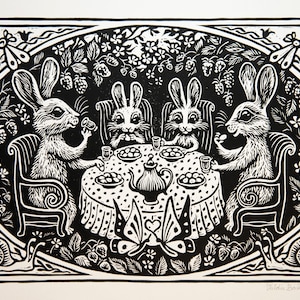 Rabbit Family Meal Linocut Print: Kitchen Wall Art, Easter Decor
