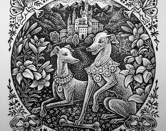 Italian Greyhound, Whippet Couple Linocut Print