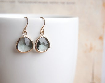 Gray Glass Stone Earrings, Glass Dangle Earrings, Gold Crystal Earring, Teardrop Gemstone Drop Earrings, Everyday Earrings