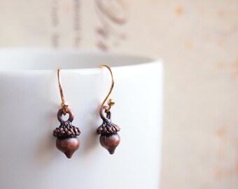 Acorn Earrings, Forest charm Antiqued Copper,Gold-plated earwire, Fall, Christmas Gift, Woodland Nature, Squirrel Love,