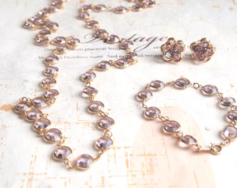 Lavender Swarovski Necklace Earrings Bracele, Lavender Crystal, Long Swarovski Necklace, Purple Crystal Bracelet