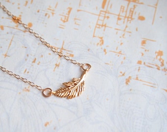 Gold Feather Necklace, Tiny Gold Feather Charm, Delicate Sideways Gold feather, Gold filled chain, Minimalist Everyday Jewelry