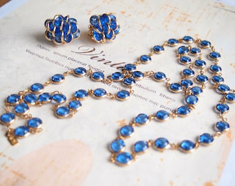 Vintage Blue Swarovski Necklace Earrings,Demi Parure,Blue Crystal, Long Swarovski Necklace, Blue Earrings