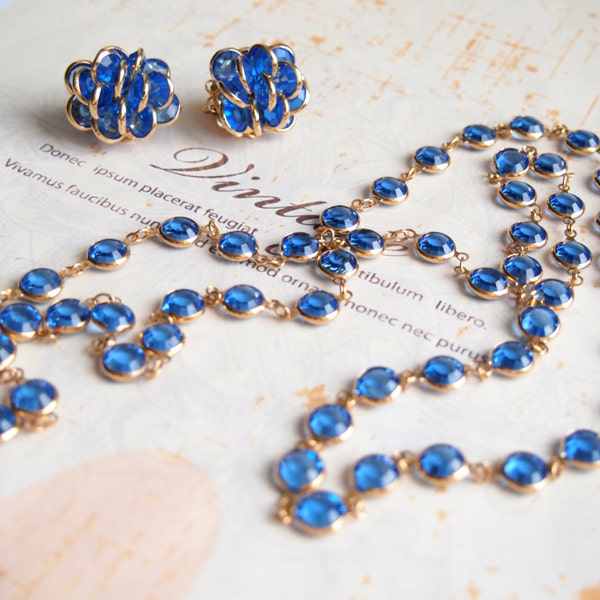 Jahrgang blau Swarovski Halskette Ohrstecker, Demi-Parure, blaue Kristall, lange Swarovski Halskette, blau Ohrringe