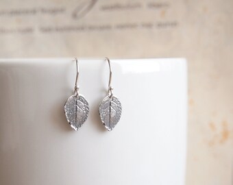 Small Leaf Earrings, Sterling Silver Leaves, Rustic Artisan Earrings, Silver Earwires, Woodlands Jewelry, Minimalist Earrings