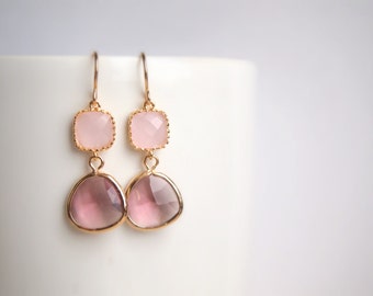 Pink and Red Earrings, Framed Stone Earrings, Pink Glass Earrings, Spring Jewelry, Bridesmaid Earrings