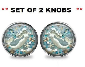 Set 2 Coastal Beach Tropical Aqua Blue Mermaid Silver Nickel GLASS Cabinet Drawer Bifold Closet Door Knob Pull Handles Shabby So chic