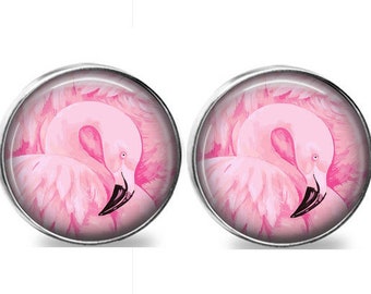 SET Of 2 Gorgeous Pink Flamingo Beach Coastal Nautical Nickel Silver & GLASS Cabinet Drawer Bifold Bi Fold Closet door Knob Pulls