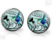 Set of 2 GORGEOUS Nickel Silver Hummingbird Blue Green Cabinet Drawer bifold Bi Fold closet door Knob PullS Glass Birds