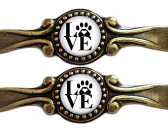 WOW SET of 2 Gorgeous Vintage Bronze Black and White Paw Print Cat Dog Rescue Kitten puppy cats dogs Cabinet Drawer Handles Pulls 3" centers