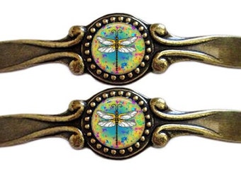 WOW SET of 2 Gorgeous Vintage Bronze Dragonfly Dragonflies Domed Glass Cabinet Drawer Handles Pulls 3" centers yellow pink