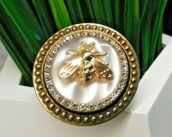Rare Ornate Vintage Gold Ivory Pearl Queen Bee Rhinestone  Cabinet Drawer Knob Pulls Bifold closet door knob knobs Bumble Honey
