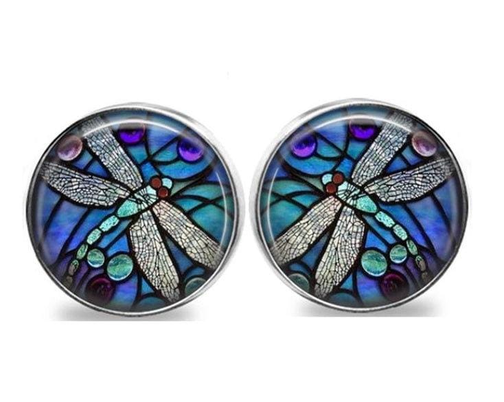 SET of 2 Dragonfly Blue Mosaic Faux Stained Glass Cabinet Drawer Bifold Closet Door Knob Pull Handle Dragonflies Domed glass Nickel Silver