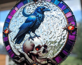 Stunning Raven Crow Skull Gothic Suncatcher Light Catcher Window Decor Handmade