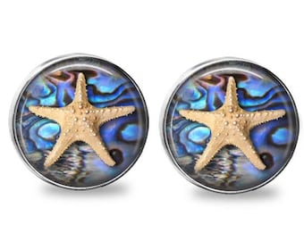 SET of 2 Coastal Beach Abalone Starfish Silver Nickel GLASS Sparkling Cabinet Drawer Bifold Closet Door Knob Pull Handle Blue Aqua Nautical