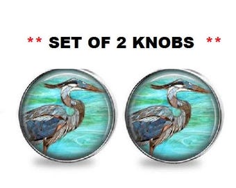 SET OF 2 Coastal Beach Heron Silver Nickel GLASS Sparkling Cabinet Drawer Closet Knob Pull Handle Blue Aqua Coastal Beach