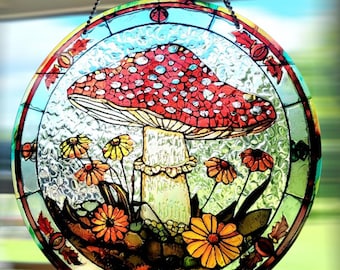 Stunning Round Mushroom Toadstool Suncatcher Sun Catcher Handmade Mushrooms