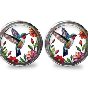 SET of 2 Floral Hummingbird Glass Cabinet Drawer Bifold Closet Door Knob Pull Handle  Domed glass Nickel Silver