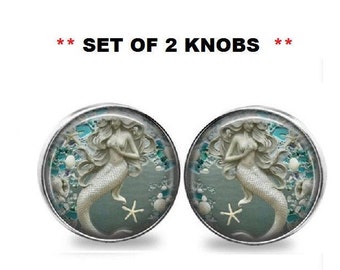 Set 2 Coastal Beach Tropical Aqua Blue Mermaid Silver Nickel GLASS Cabinet Drawer Bifold Closet Door Knob Pull Handles Shabby So chic