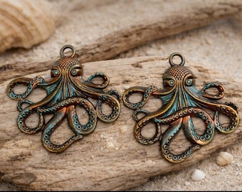 Set of 2 Large Gorgeous Copper Patina Steampunk OCTOPUS Kraken Nautical Pendants