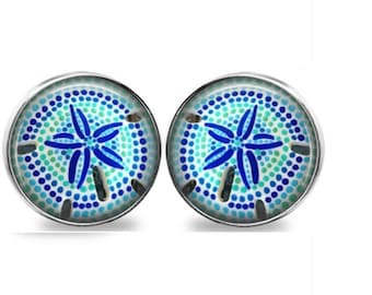 Set 2 Coastal Beach Aqua Blue Green White Silver Sand Dollar Mosaic Nickel GLASS Cabinet Drawer Bifold Closet Door Knob Pull Handles