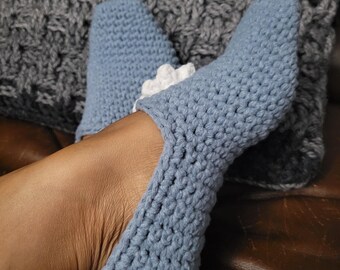 Blue handmade crochet, non-slip slippers made to order. Simply select your color and size.