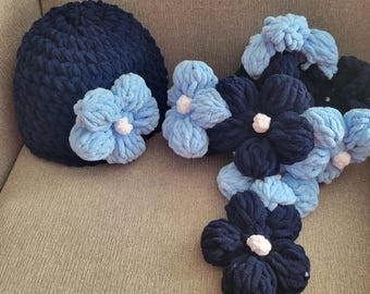 Winter Flower Collection blue scarf and hat set with large blooming flowers