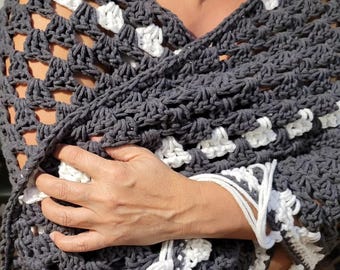 Charcoal and White crochet wrap with removable fringe accent.