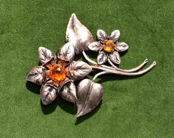 Splashy 1950s/60s Brooch, Sterling Flowers with Amber Centers