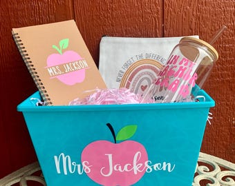 Personalized Teacher Gift Basket, Teacher Notebook, Teacher Iced Coffee Glass, Teacher Gift, Teacher Cosmetic bag, Teacher Appreciation Gift