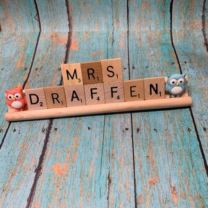 Owl Teacher Name Plate, Owl Lover, Personalized Scrabble Name Plate, Teacher Name Plate, Teacher Appreciation, Teacher Gift