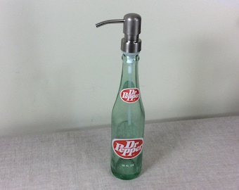 Vintage Dr. Pepper Cola Soda Bottle Soap Dispenser Bathroom Kitchen Pump spray 10 ounce Clear Glass silver bronze Red Metal