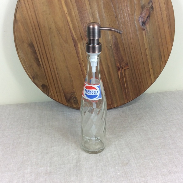 Vintage Pepsi Cola Soda 12 oz Bottle Soap Dispenser Bathroom Kitchen Pump Spray Refillable reuse Clear Glass Metal bronze silver refillable