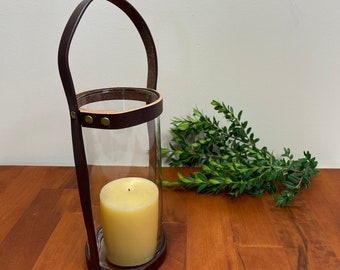 Brown Leather strap Glass Lantern Candle holder handle