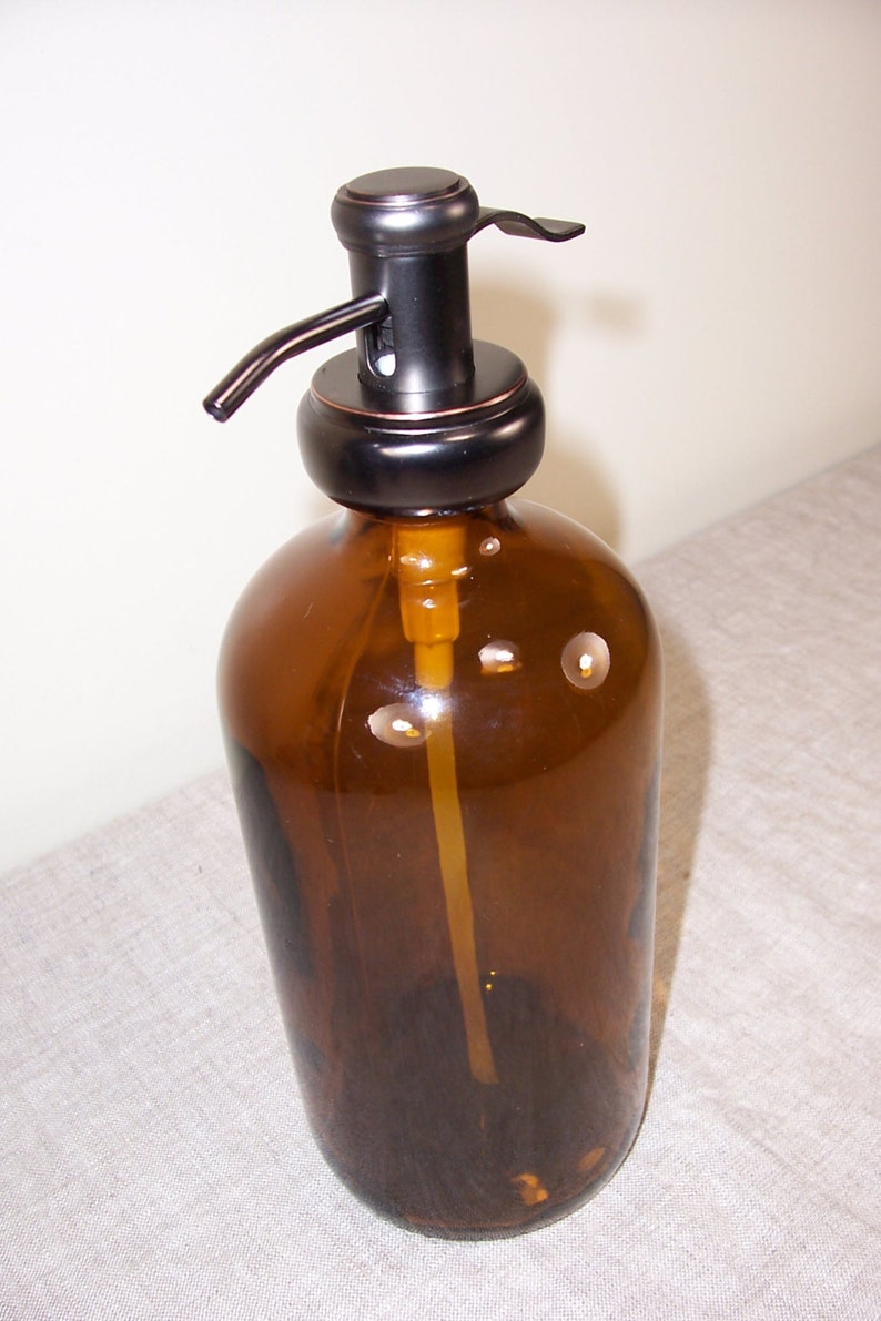 Glass 32 ounce oz Soap Dispenser Bathroom Kitchen Pump Brown jar Bottle Metal Shampoo Spray Refillable container reuse liquid storage Amber image 3